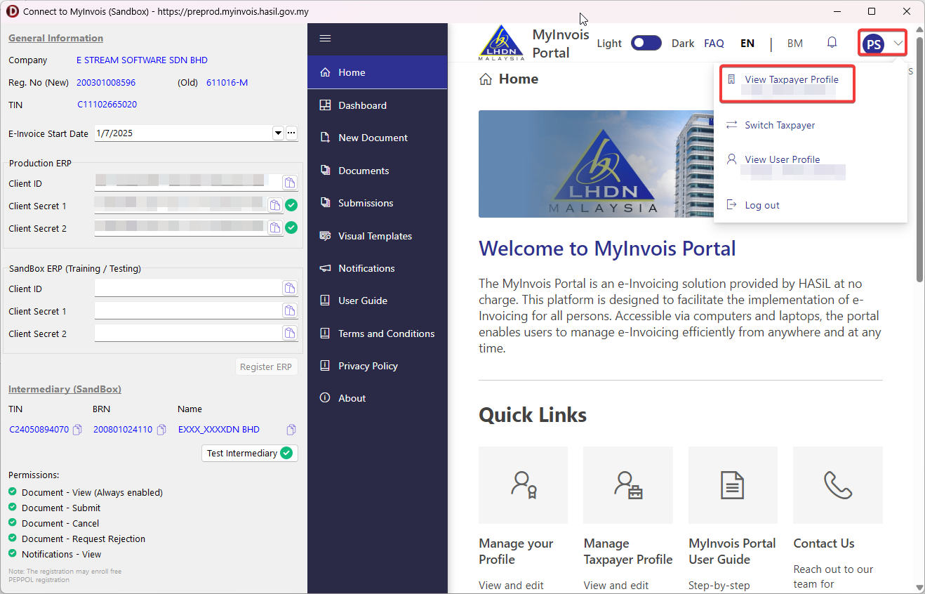 myinvois-sandbox-view-taxpayer-profile