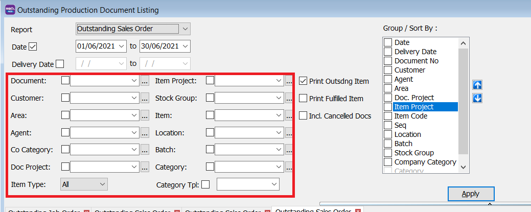 outstanding-production-document-listing-filter
