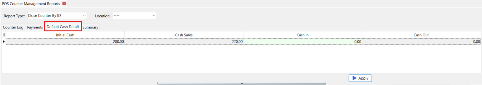 Print Counter Management Report - by ID Default Cash Detail