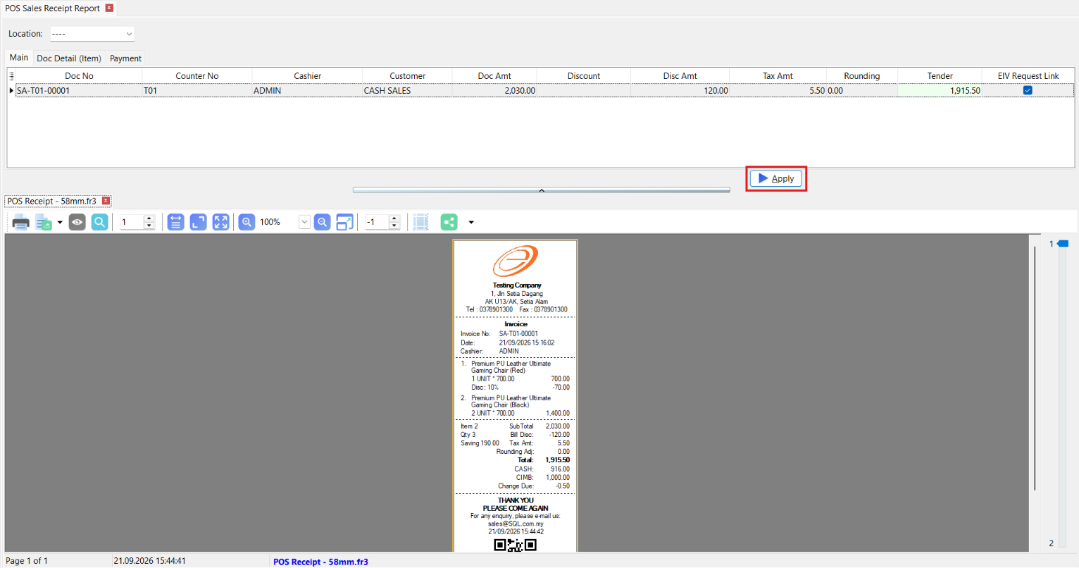 Print Sales Receipt Apply