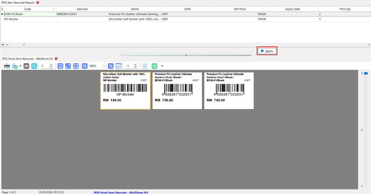 Print Stock Item Barcode Apply