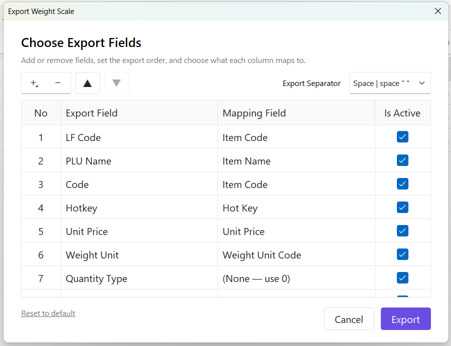 Configure weight-scale export fields